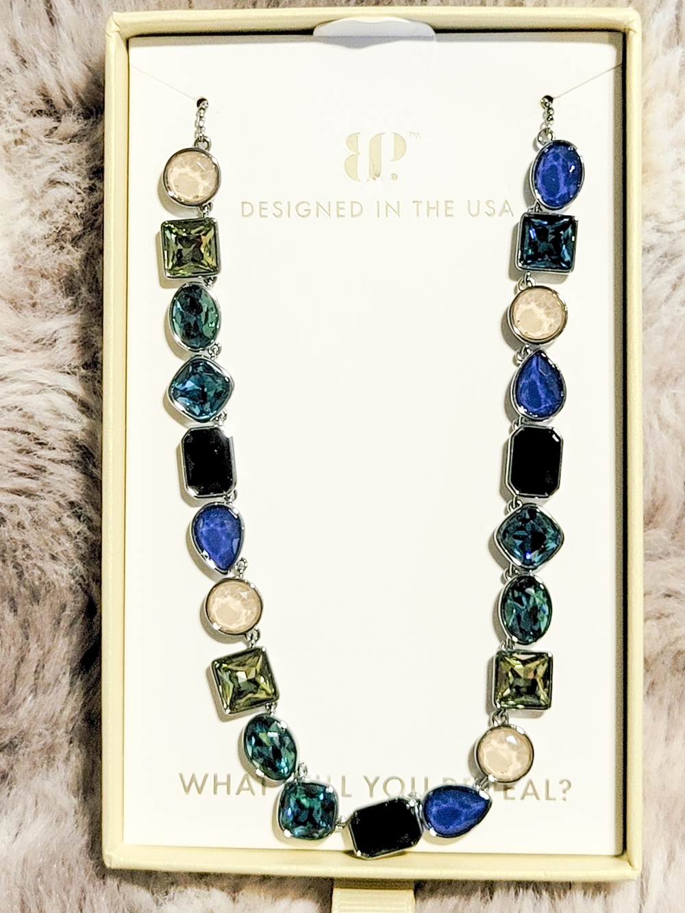 Multicolor Crystal Necklace with Blue, Green, Black & Cream Stones